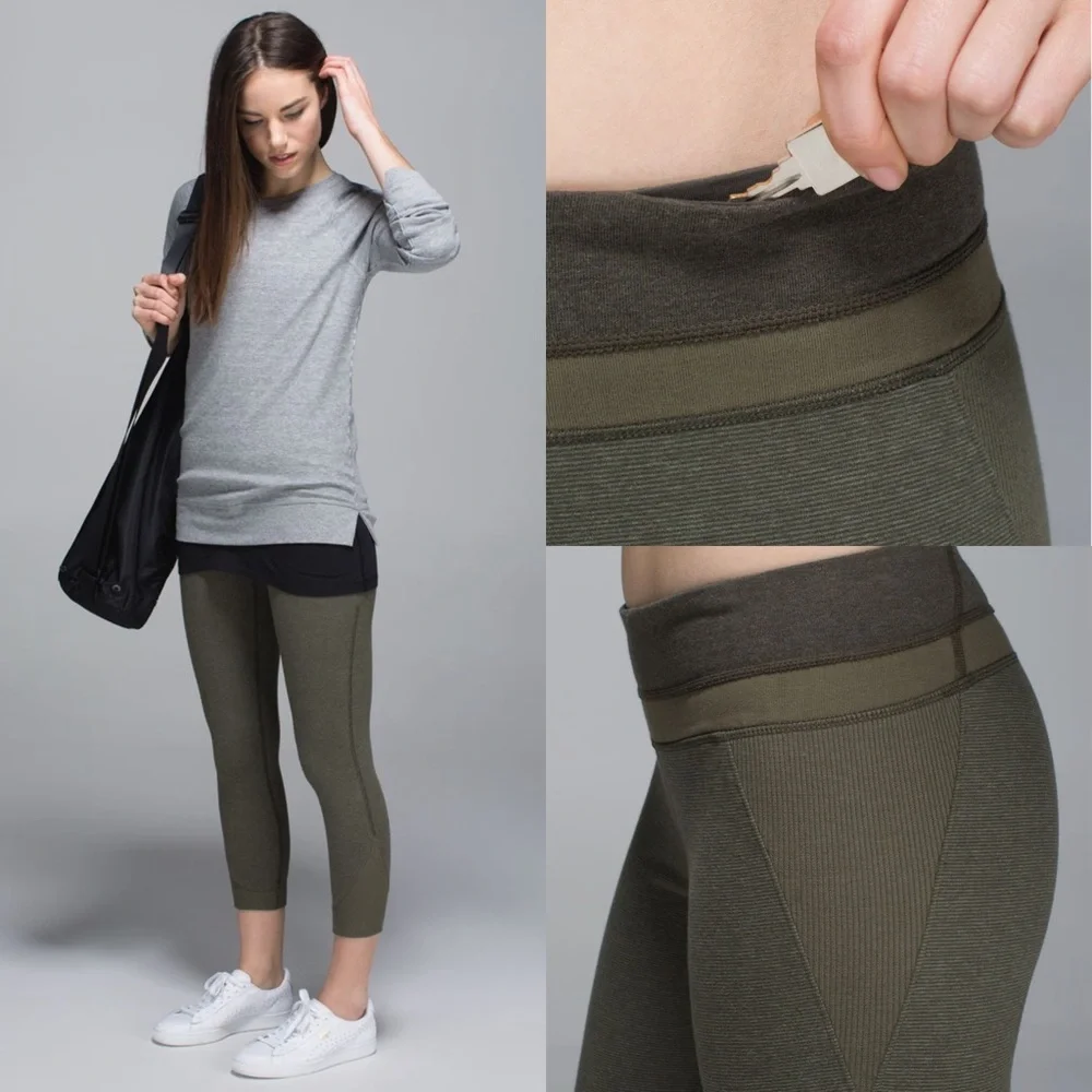Lululemon Refine Crop Leggings Striped Green Ribbed Workout Pants - Picture 2 of 14